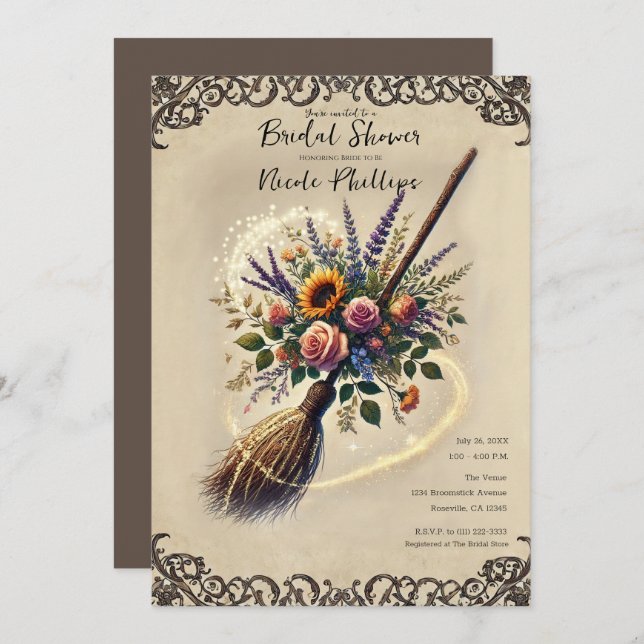 Convite Chá de panela de vassoura de bruxas entonadas de j (Frente/Verso)