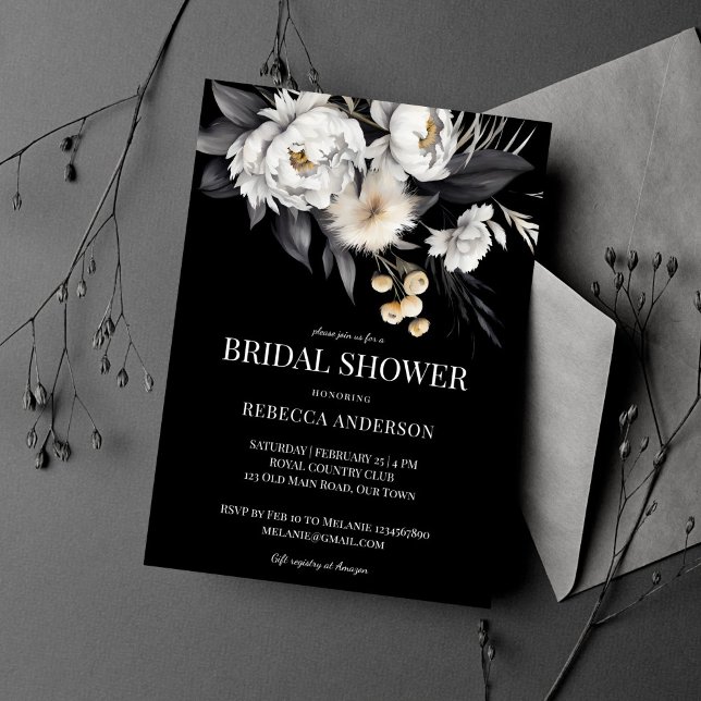 Convite Chá de panela de vassoura elegante, preto e branco (Black and white moody elegant boho flowers bridal shower  template invitation digital download )