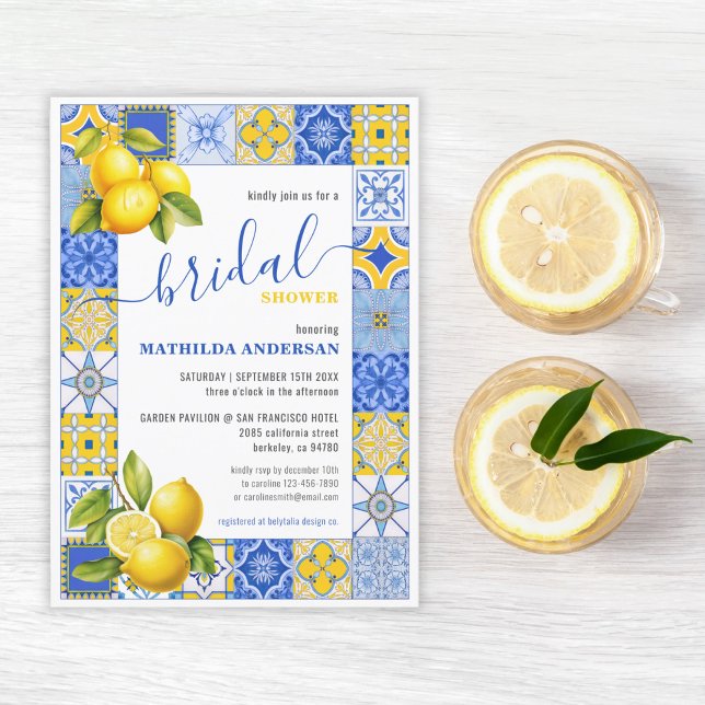 Convite Chá de panela de Verão com Azulejos azuis italiano (Italian Blue Tiles Lemon Summer Bridal Shower Invitation)