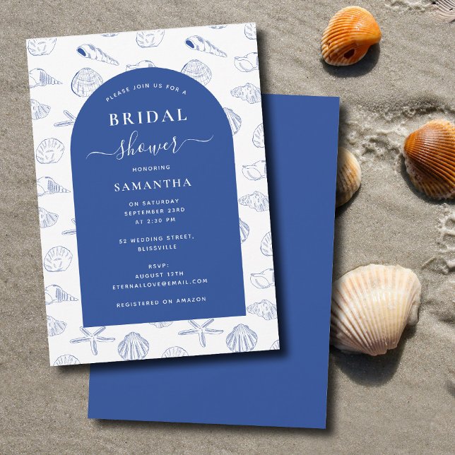Convite Chá de panela de Verão de Praia da Praia do Mar Br (Blue White Sea Shells Beach Summer Bridal Shower Invitation)