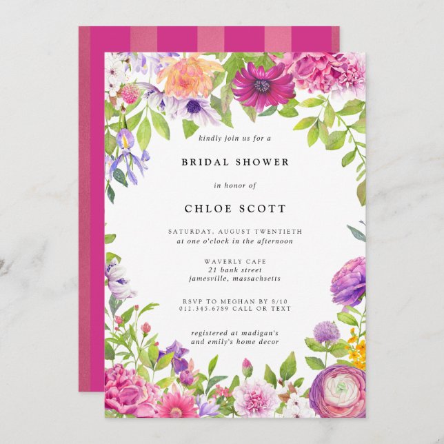 Convite Chá de panela de Verão Floral Rosa Púrpura (Frente/Verso)