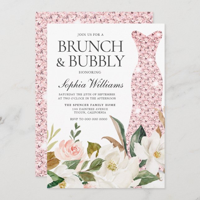 Convite Chá de panela de Vestido Blush Brunch e Bubble (Frente/Verso)