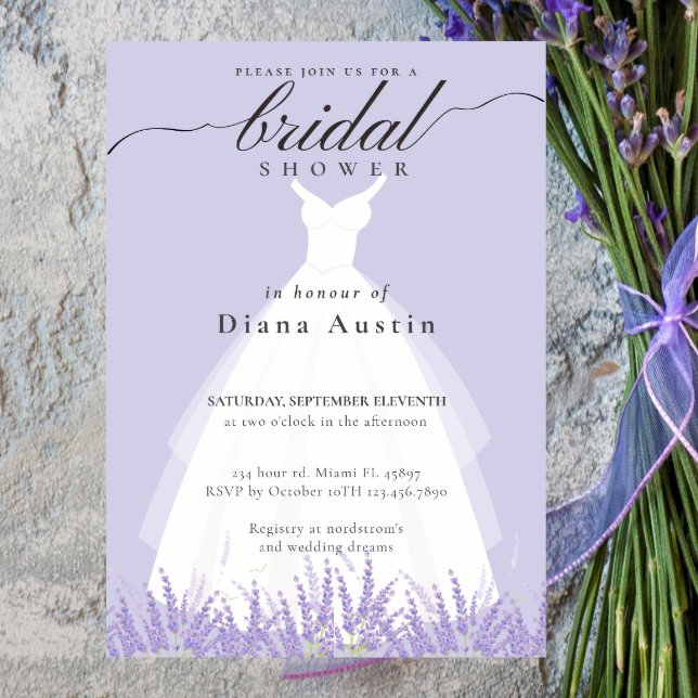 Convite Chá de panela De Vestido De Casamento De Lavanda E (Elegant Calligraphy Lavender Lilac Bridal Shower I Invitation)