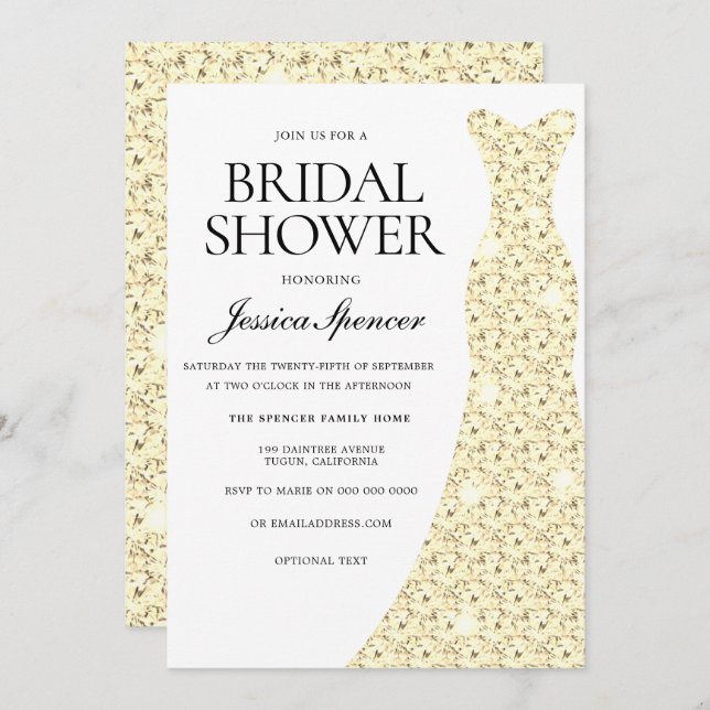 Convite Chá de panela De Vestido De Casamento De Ouro Eleg (Frente/Verso)