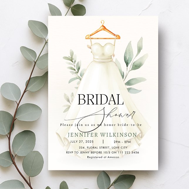 Convite Chá de panela de Vestido de Casamento Verde (Greenery Wedding Gown Dress Bridal Shower Invitation)