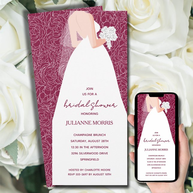 Convite Chá de panela De Vestido Elegante (Bride in her wedding dress overlays white rose sketch pattern on cranberry bridal shower invitations)
