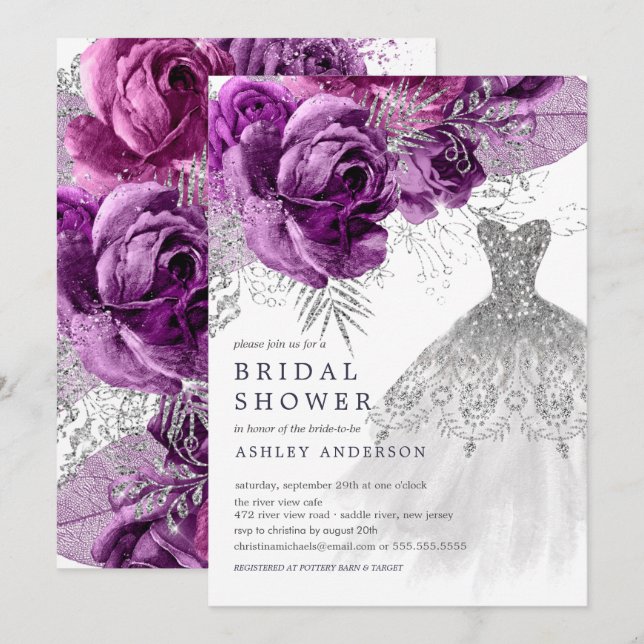 Convite Chá de panela de Vestido Floral de Plum & Silver (Frente/Verso)