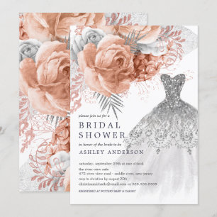Convite Chá de panela de Vestido Floral Peach & Silver