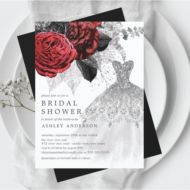 Convite Chá de panela de Vestido Floral Red & Silver (Criador carregado)