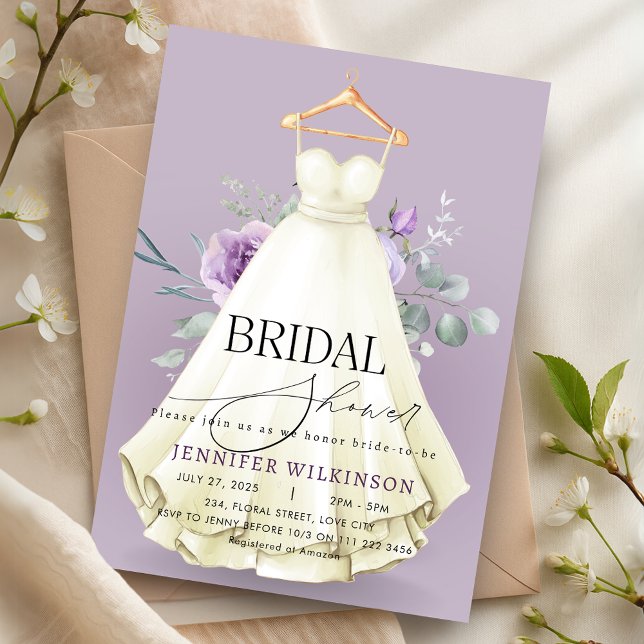 Convite Chá de panela de vestidos de lavanda (Lavender Wedding Gown Dress Bridal Shower Invitation)