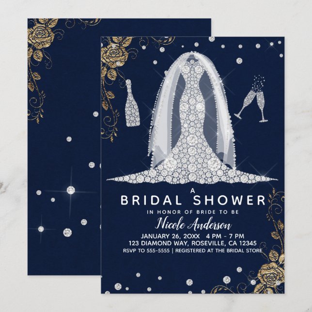 Convite Chá de panela de vestidos Dourado Rosa Diamond  Az (Frente/Verso)