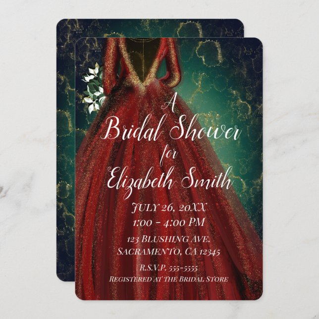 Convite Chá de panela de vestidos Dourados de Feriado Verm (Frente/Verso)