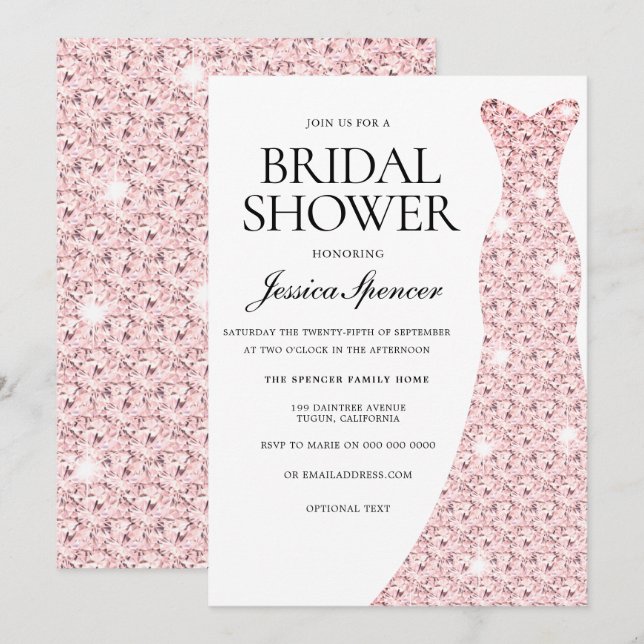 Convite Chá de panela de vestidos Dourados Elegante Rosa (Frente/Verso)