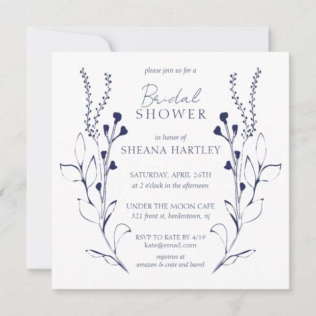 Convite Chá de panela de videiras e flores azuis escuras (Frente)