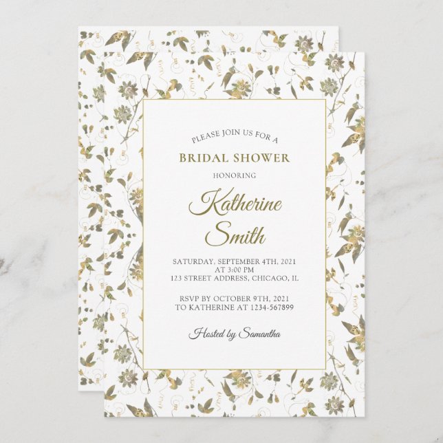 Convite Chá de panela de Vinha das Flores Douradas Elegant (Frente/Verso)