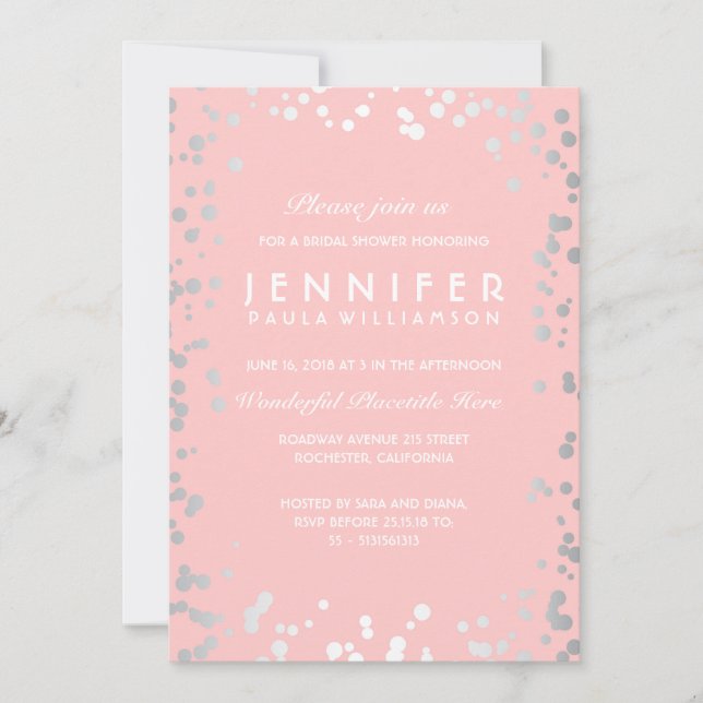 Convite Chá de panela de vinheta de prata e de confetti ro (Frente)