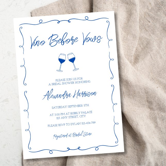 Convite Chá de panela De Vinho Azul Trendy Desenhado À Mão (Hand Drawn Trendy Blue Wine Bridal Shower Invitation)