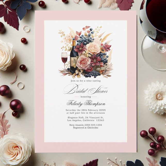 Convite Chá de panela de vinho borgonha, Marinho e borrão (Burgundy, Navy and Blush Floral Wine Bridal Shower Invitation)