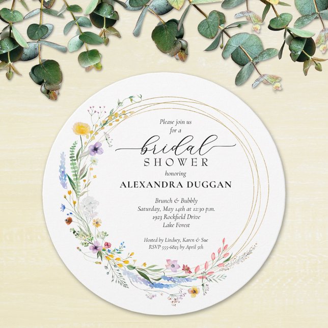 Convite Chá de panela de Wreath de flor selvagem (Watercolor wildflower wreath bridal shower round invitations)