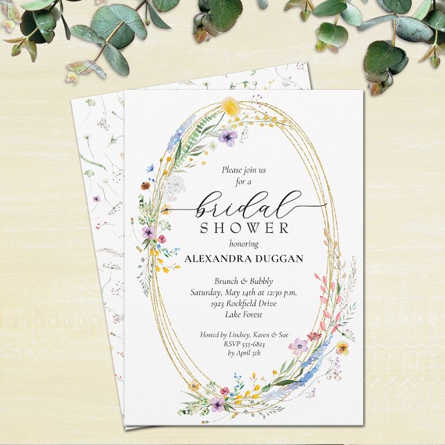 Convite Chá de panela de Wreath Wildflower (Watercolor wreath of wildflowers bridal shower invitations - INSTANT DOWNLOAD, PRINTED or both)