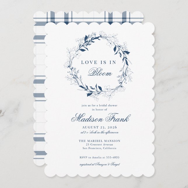 Convite Chá de panela de Xadrez de flor selvagem azul Eleg (Frente/Verso)