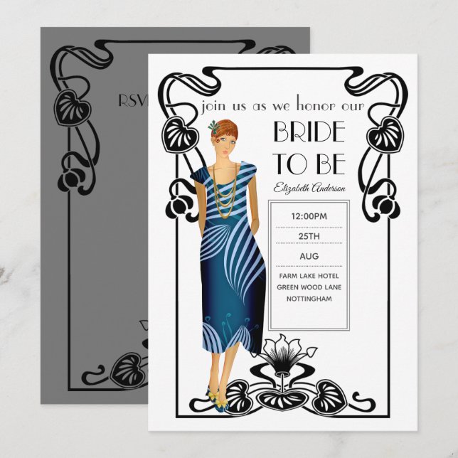 Convite Chá de panela Deco Gatsby de Arte Flapper dos anos (Frente/Verso)