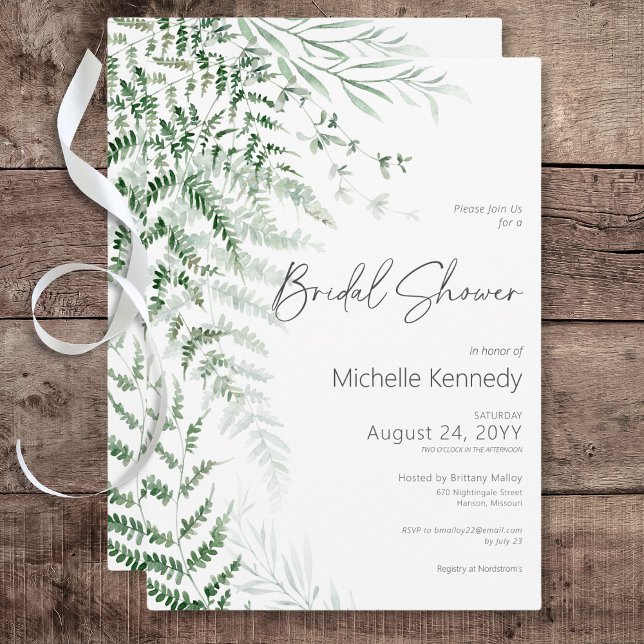 Convite Chá de panela Delicado Elegante Greenery Ferns (Elegant Delicate Greenery Ferns Bridal Shower Invitation)