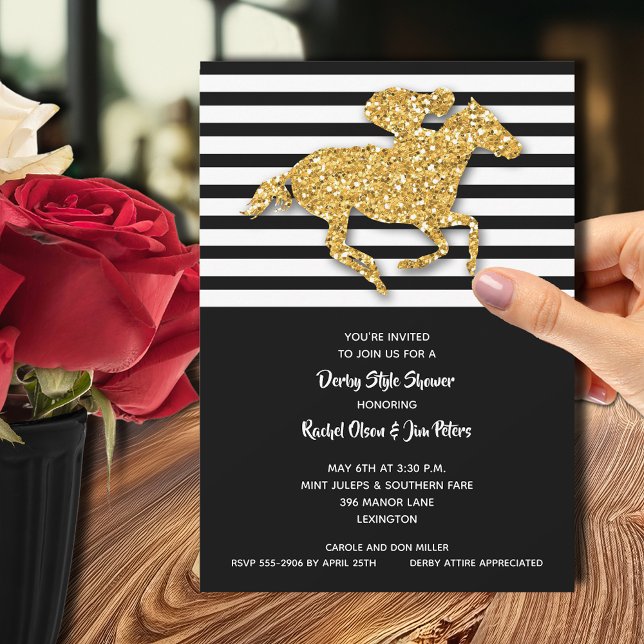 Convite Chá de panela Derby Dourado com Stripes de Cavalo (Gold racehorse Derby-theme bridal shower invitations - PRINTED and/or INSTANT DOWNLOAD)