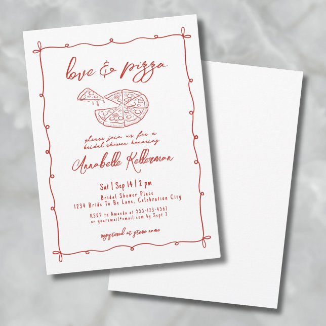 Convite Chá de panela Desenhado Da Pizza Vermelha Whimsica (Whimsical Red Love Pizza Hand Drawn Bridal Shower Invitation)