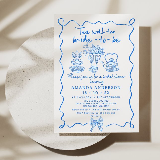Convite Chá de panela Desenho Da Mão Do Chá Azul Whimsical (Hand Drawn Tea With bride to Be Bridal Shower Invitation, Hand Drawn Bridal Tea Invitation, Blue)