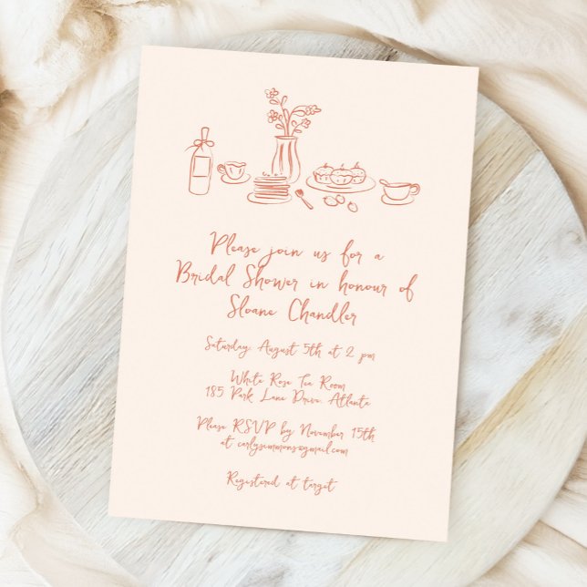 Convite Chá de panela Desenho Da Mão Escrivível Whimsical (whimsical food and drink doodles bridal shower invitation in light peach)
