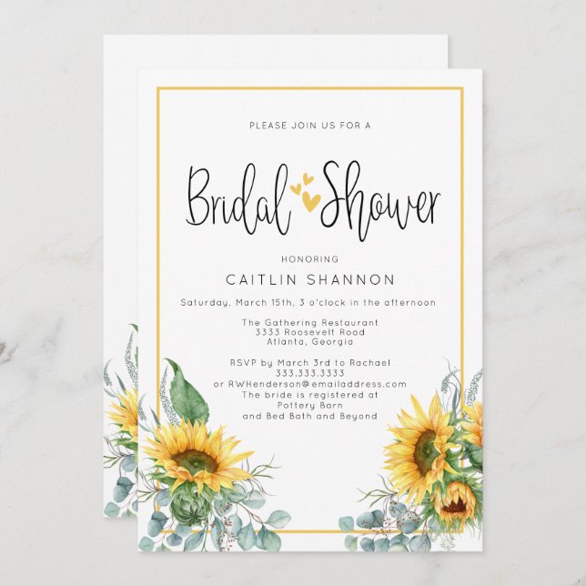 Convite Chá de panela Divertido Girassol com Corações Amar (Frente/Verso)