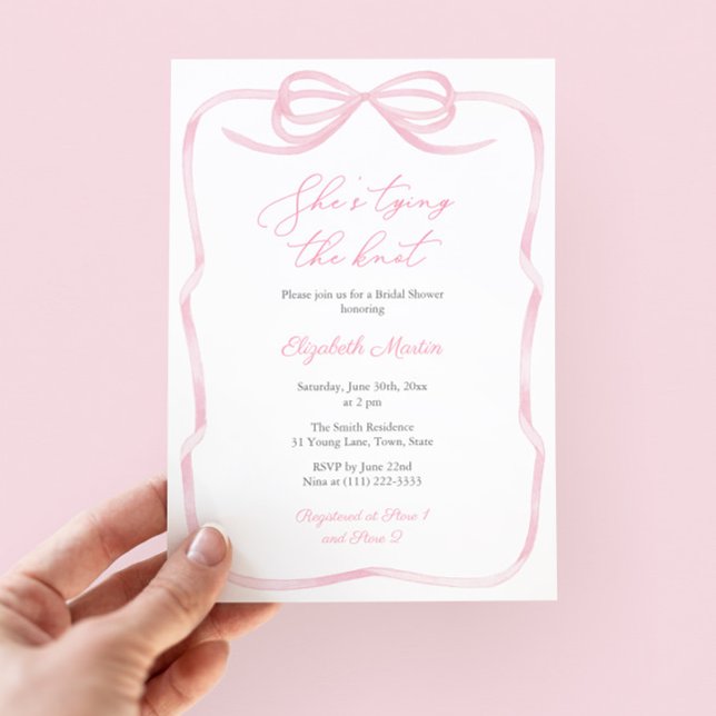Convite Chá de panela do Arco do Casando Rosa bonito (Girly pink and white bow bridal shower invite with ribbon border and pink white striped reverse)