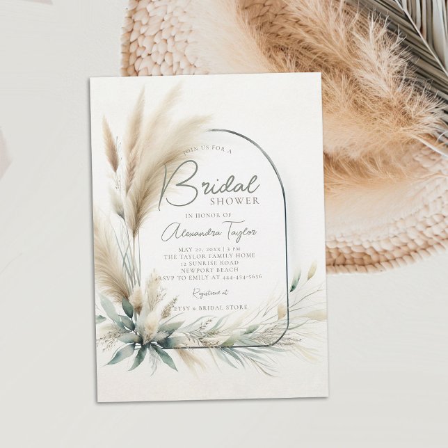 Convite Chá de panela do Arco Verde do Pampas Grass Sage (pampas grass bridal shower invitation boho arch dried flowers sage green white minimalist bohemian)