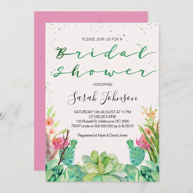 Convite chá de panela do cacto do succulent (Frente/Verso)