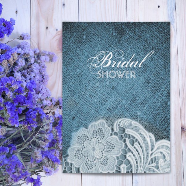 Convite chá de panela do campo azul-arromba-azul-russa mar (rustic navy blue burlap lace country bridal shower invitation)