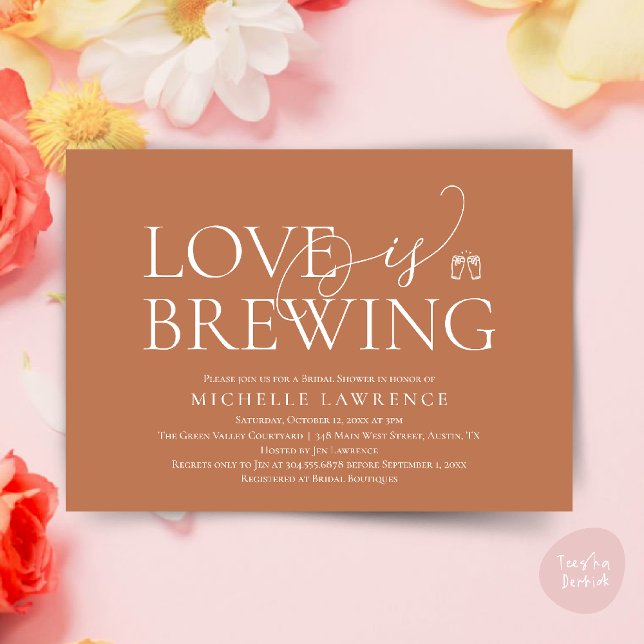 Convite Chá de panela do Classy Beer Party, O amor está se (Classy Beer Party Bridal Shower, Love is brewing modern romantic invites Card PDF in Copper Brown)