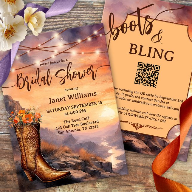 Convite Chá de panela do Country and Western Boots (Watercolor bridal shower invitation featuring a cowboy boot and string lights outdoors - QR code)