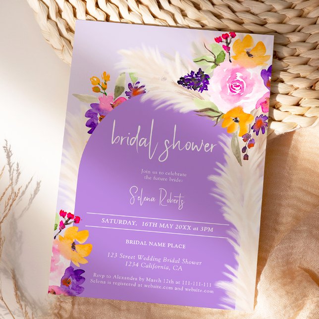 Convite Chá de panela do deserto do Pampas floral roxo de  (Boho purple floral pampas desert Bridal shower Invitation)