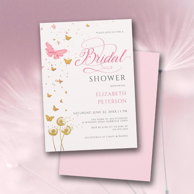 Convite Chá de panela do Jardim de Boho de Flores Selvagen (pink and gold bridal shower invitation butterflies wildflowers elegant romantic boho rustic chic)