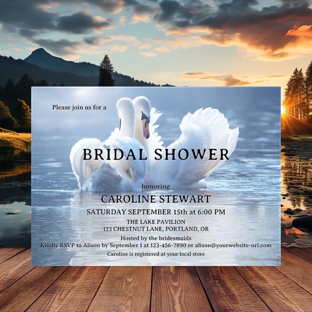 Convite Chá de panela do lago Elegante Swan (Elegant dreamy bridal shower invitation featuring two swans in love on a hazy sunlit lake)