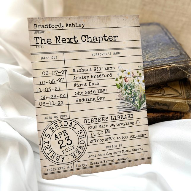 Convite Chá de panela do Livro de Flores Selvagens da Bibl (Rustic library card floral books vintage typewriter font The Next Chapter Bridal Shower Invitation)