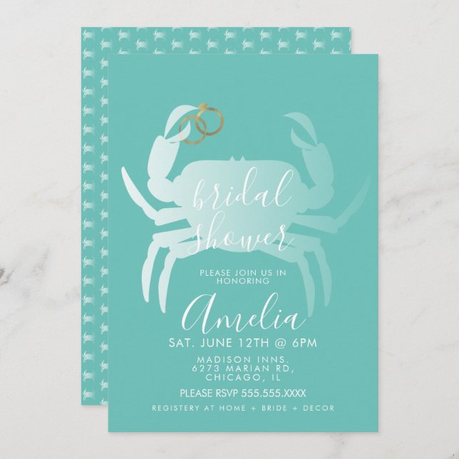 Convite Chá de panela do Oceano Teal Crab Crustaceano (Frente/Verso)