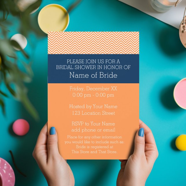 Convite Chá de panela do padrão marinho azul e amarelo do  (Bridal Shower Invitation - Orange and Navy Chevrons)