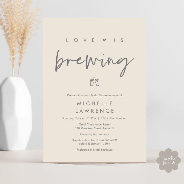 Convite Chá de panela do Partido da Cerveja Romântica Mode (Beer Party Bridal Shower, Love is brewing Invitation card modern romance cream grey)