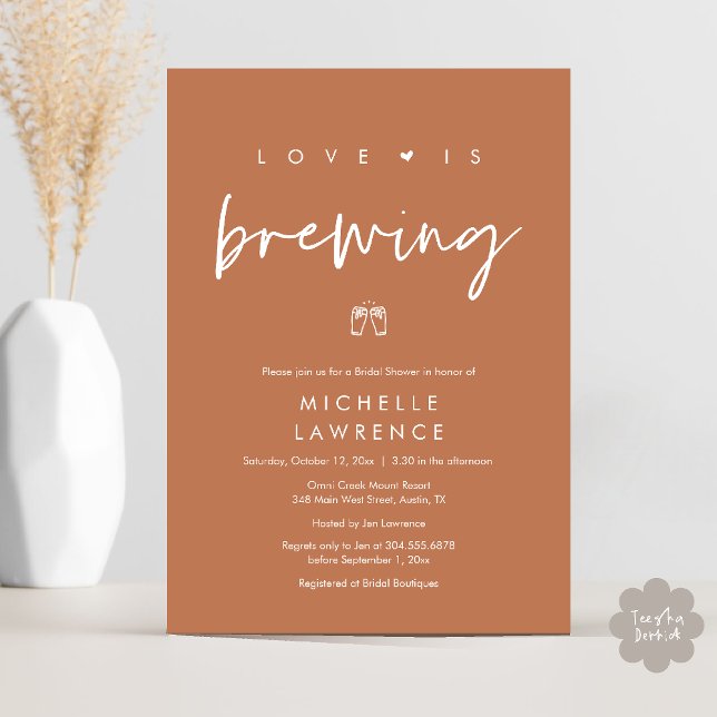 Convite Chá de panela do Partido da Cerveja Romântica Mode (Beer Party Bridal Shower, Love is brewing Invitation card modern romance copper brown)
