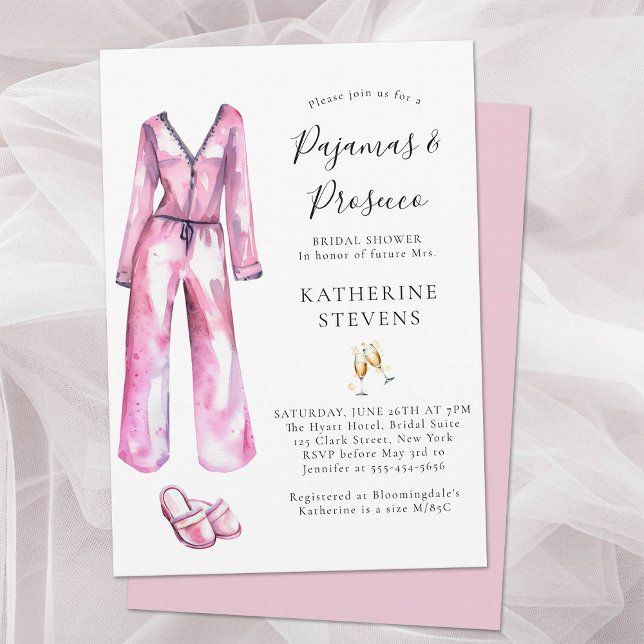 Convite Chá de panela do Partido da Lingerie PJ do pijama  (pajamas and prosecco bridal shower invitation watercolor pj slippers champagne elegant pink classy)
