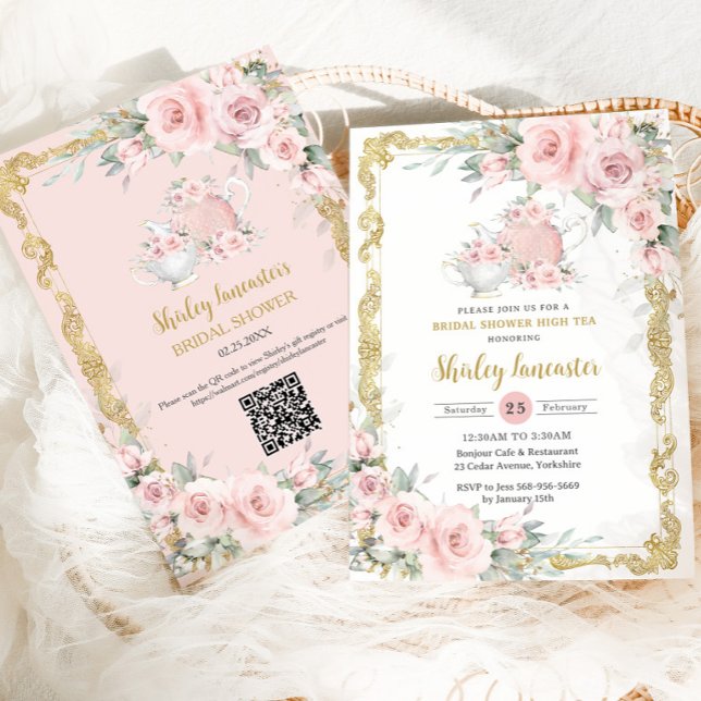 Convite Chá de panela do Partido do Tea Floral Rosa-Blush  (blush pink floral vintage gold bridal shower high tea party invitation cards with QR code registry)