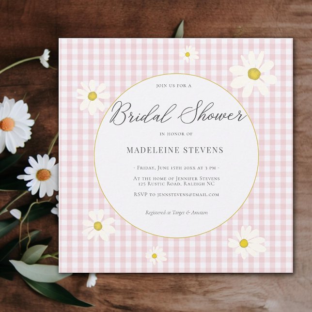 Convite Chá de panela do quintal de Gingham Rosa Rustic Da (rustic daisies pink gingham bridal shower invitation backyard country elegant simple modern boho)
