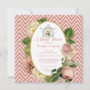 Convite Chá de panela do Tea Party Chevron Stripes Rosa